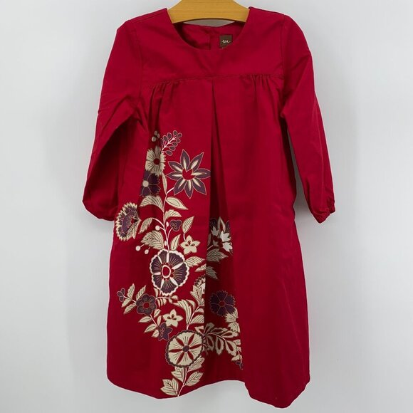 Tea Collection Girls Red Dress with Purple Gold & Ivory Flowers - Picture 1 of 4